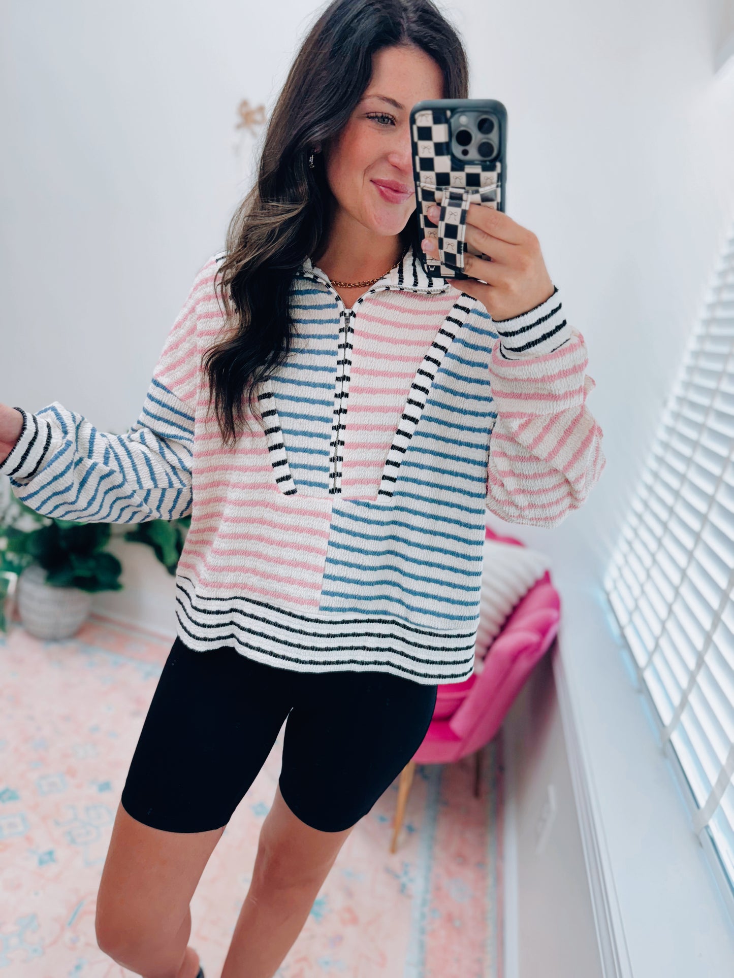 Oversized Funnel Zip Striped Top