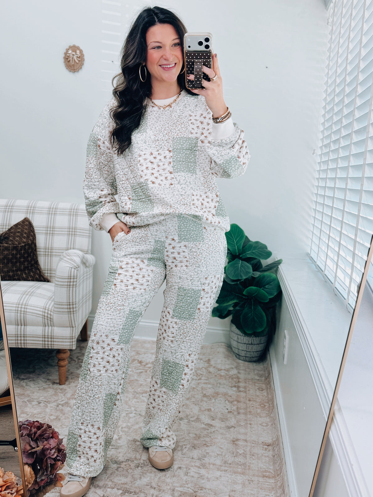 Sage Floral Quilted Patch Pants Set