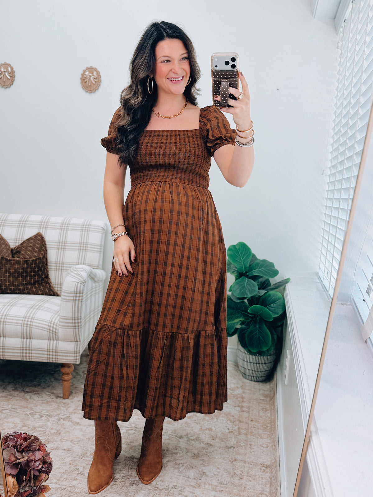 Estelle Plaid Smocked Midi Dress