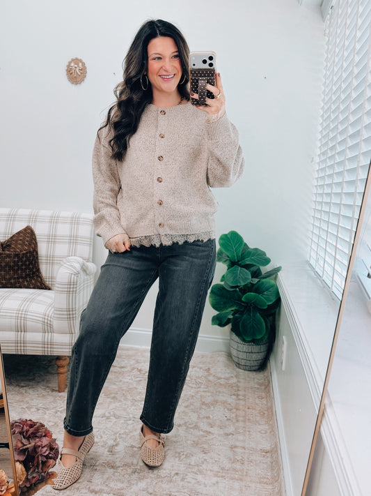 Fields Oatmeal Lace Button Top