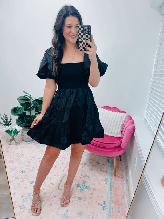 Black Smocked Mini Dress