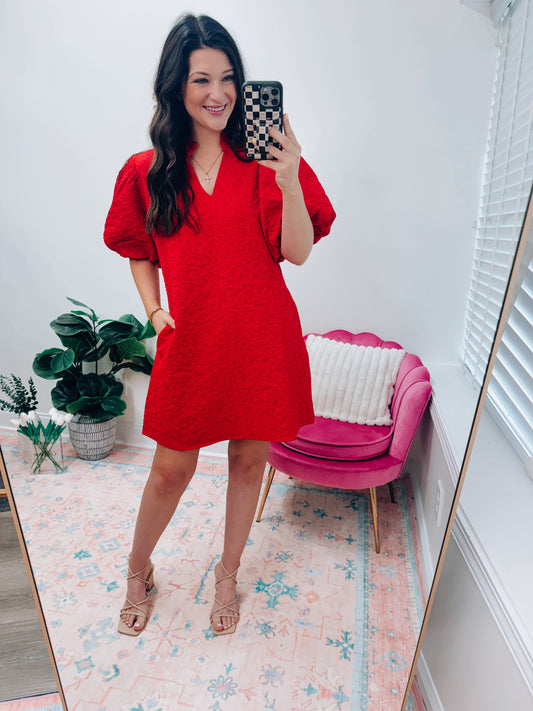 Red Textured Puff Mini Dress