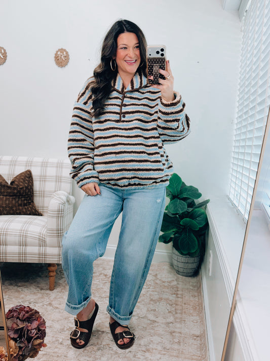 Denim Combo Striped Fleece Button Pullover