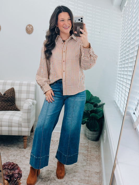 Camel Striped Scallop Button Top