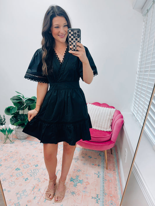 Black Scallop Tie Mini Dress