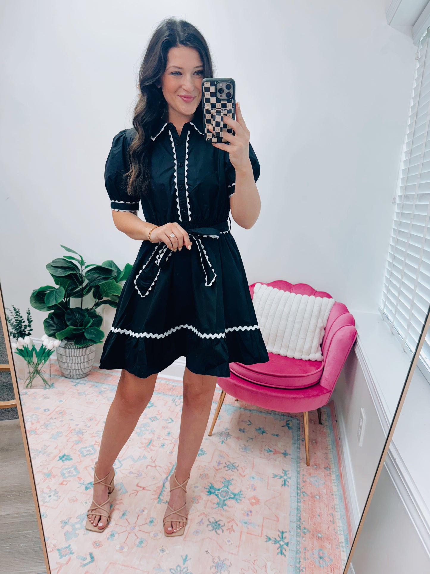 White Scalloped Black Tie Mini Dress