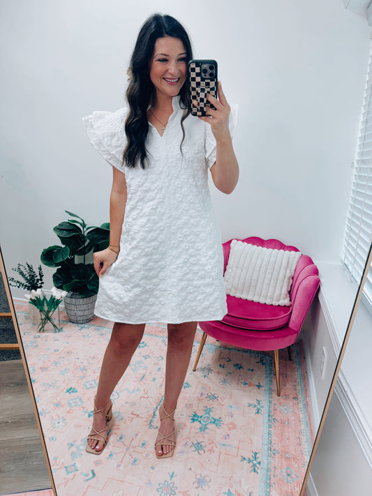 White Textured Flutter Mini Dress