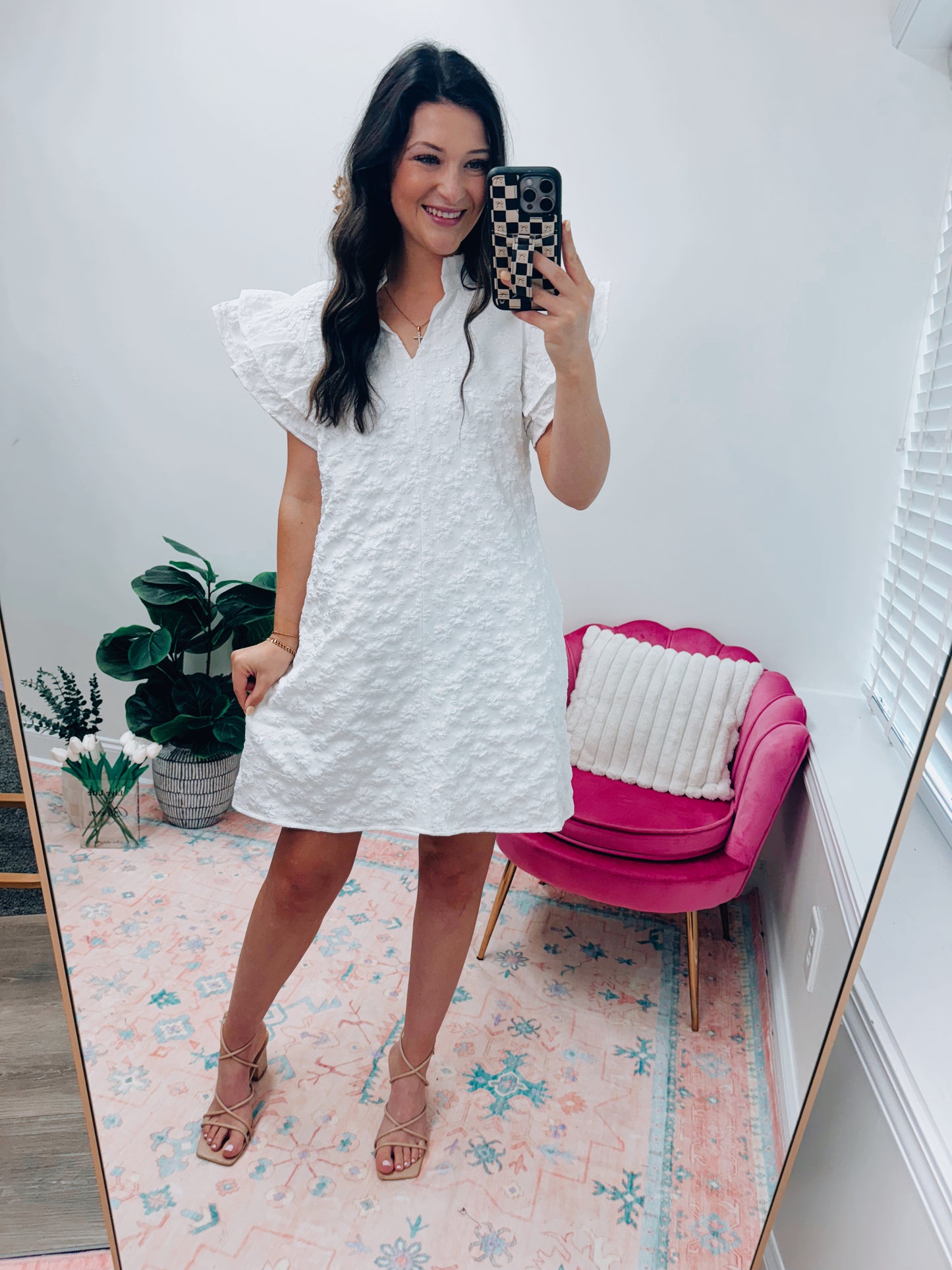 White Textured Flutter Mini Dress