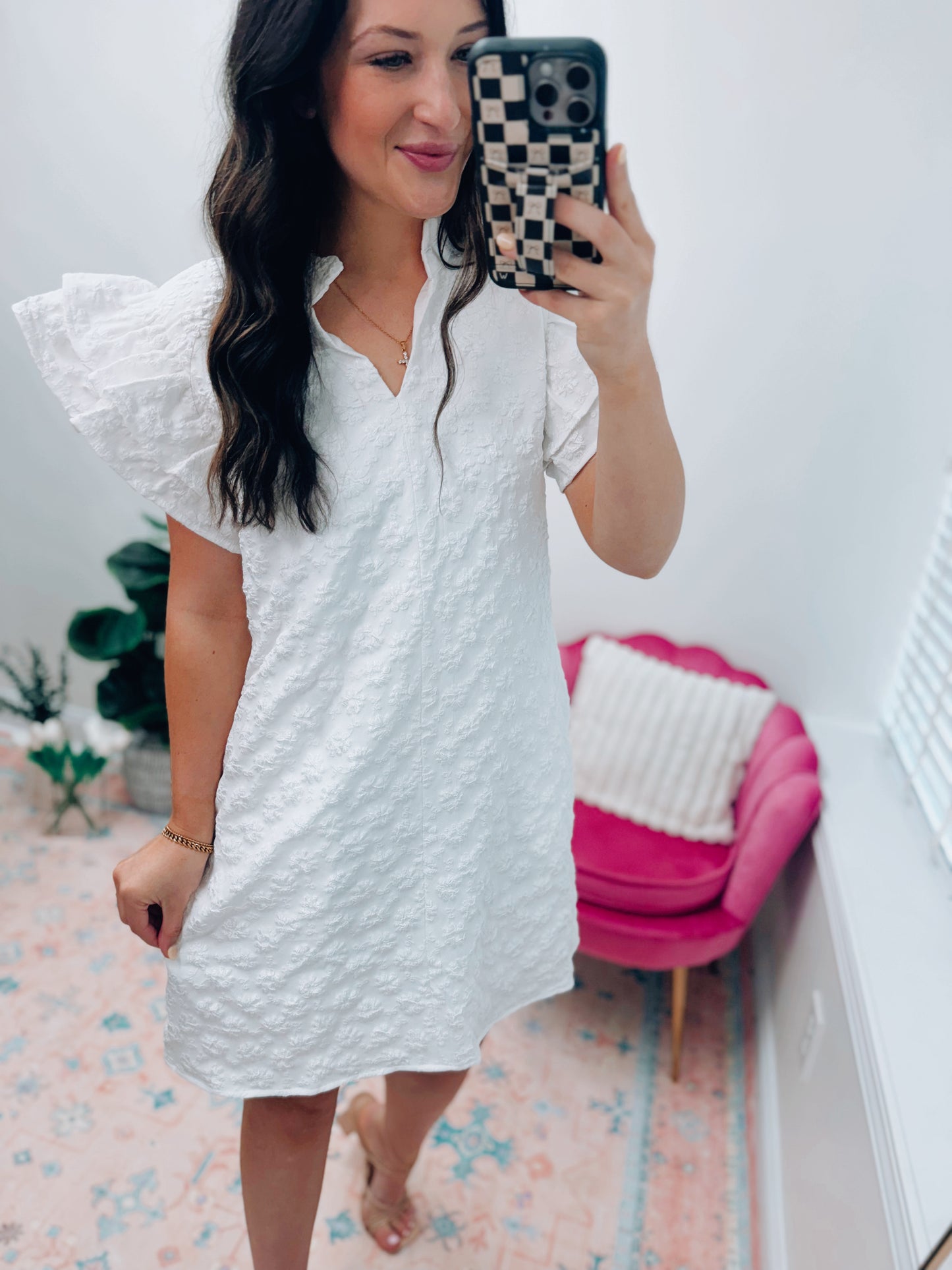 White Textured Flutter Mini Dress