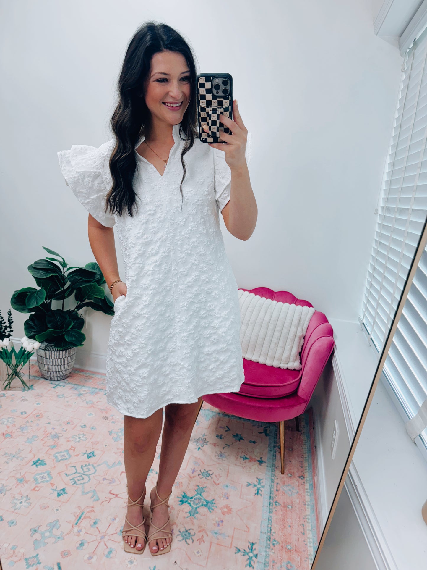 White Textured Flutter Mini Dress