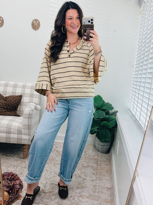 Heather Lemon Striped Button Top