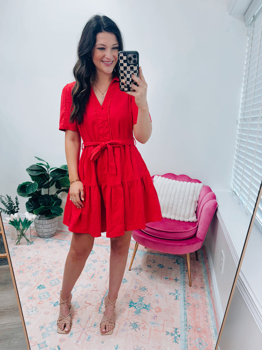 Red Half Scalloped Mini Dress