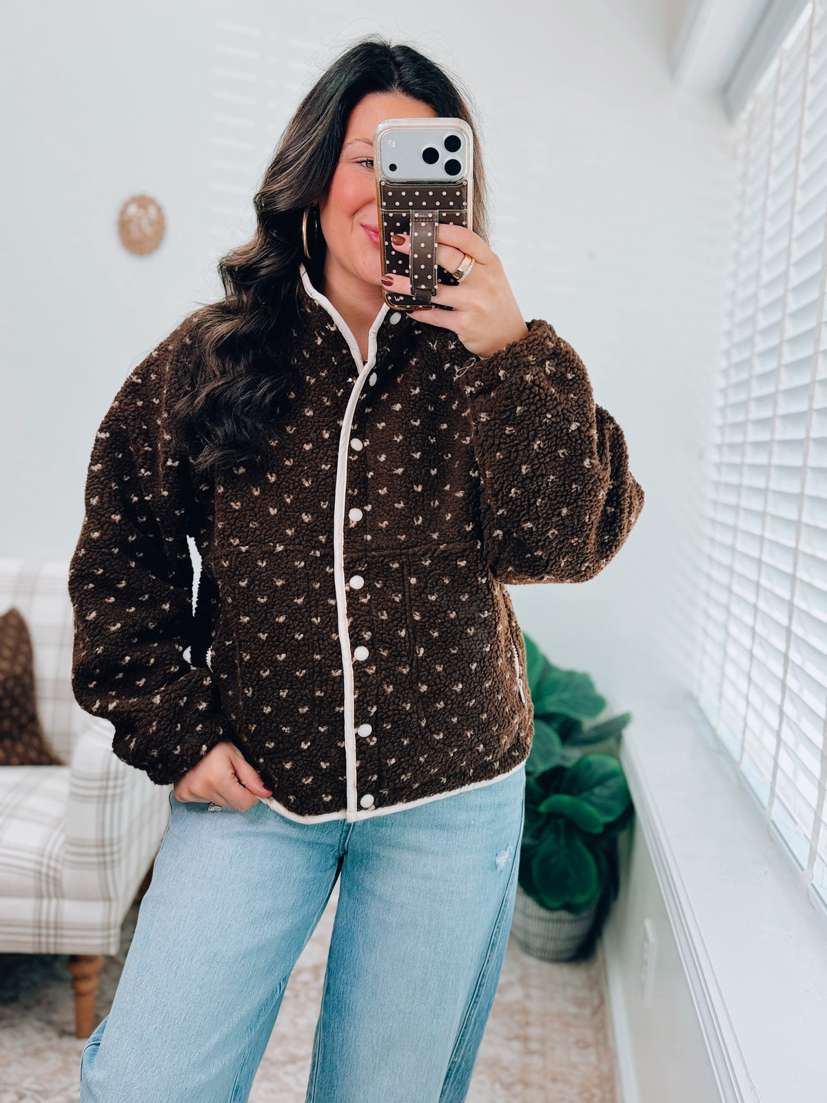 Fern Sherpa Dot Fleece Jacket - Brown