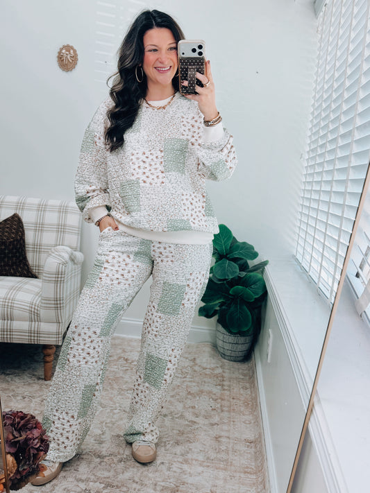 Sage Floral Quilted Patch Pants Set