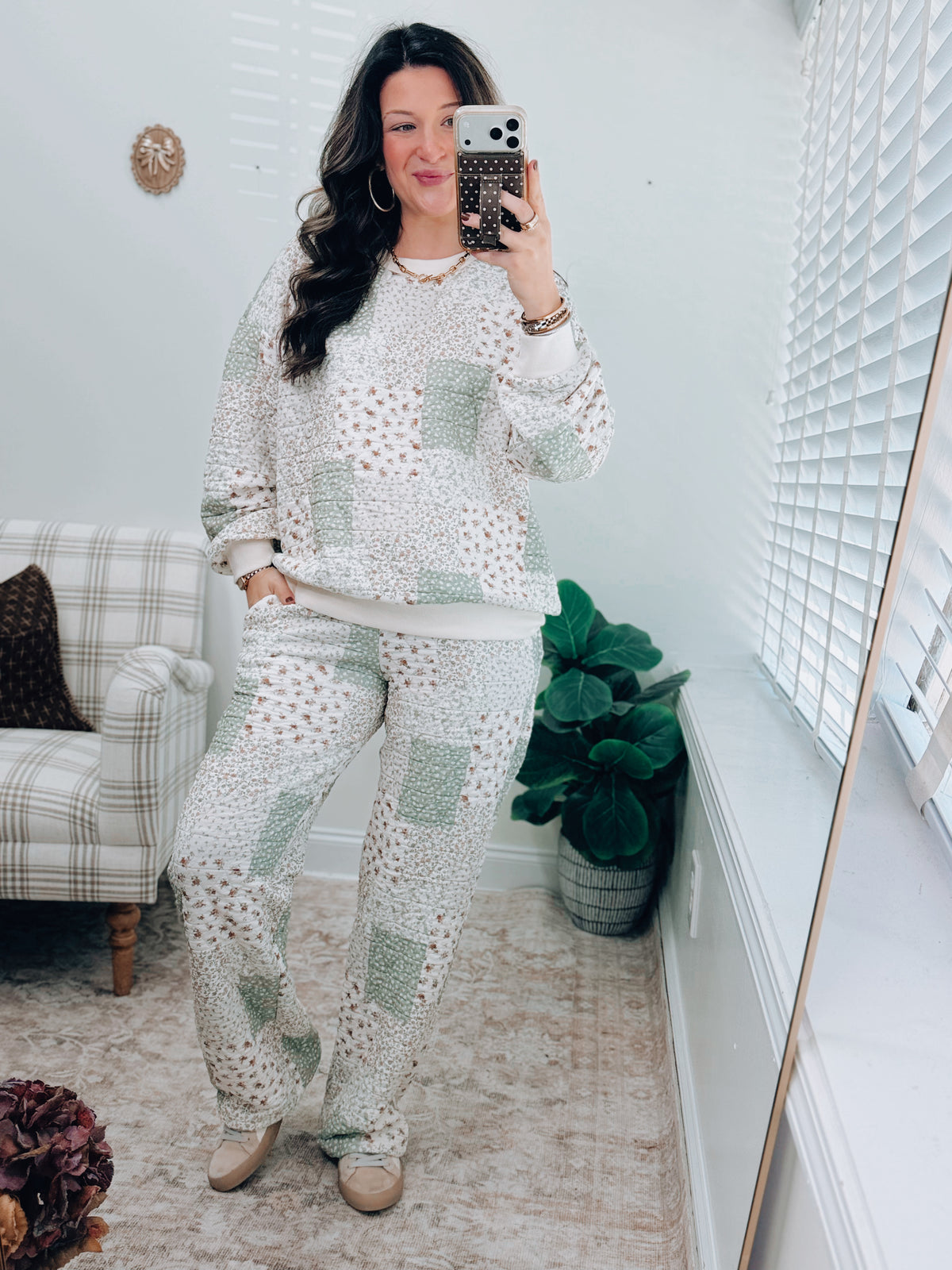 Sage Floral Quilted Patch Pants Set