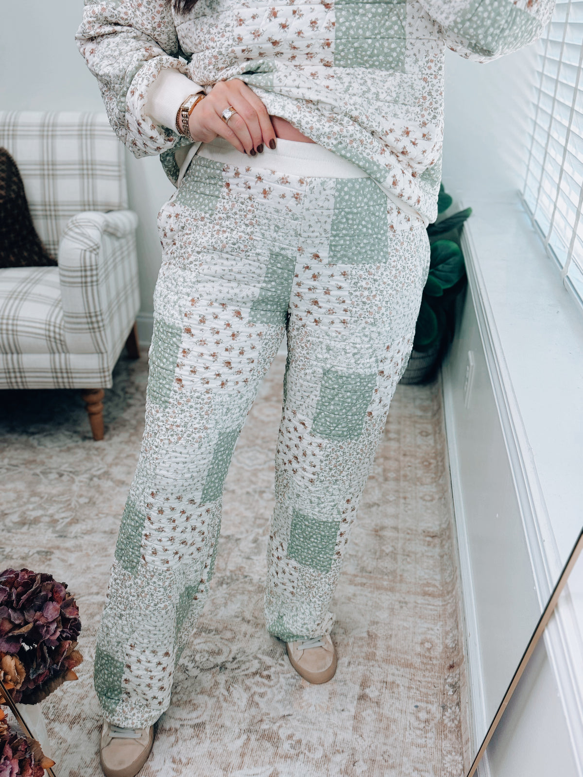 Sage Floral Quilted Patch Pants Set
