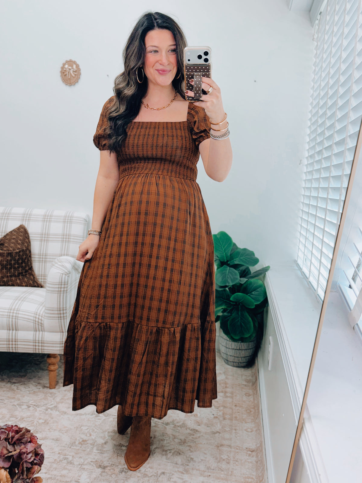 Estelle Plaid Smocked Midi Dress