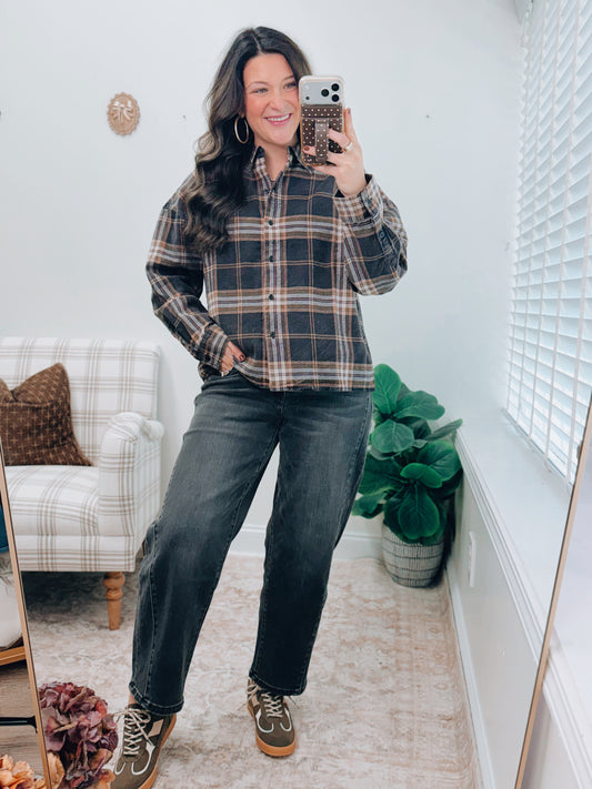 Lottie Charcoal Plaid Button Flannel Top