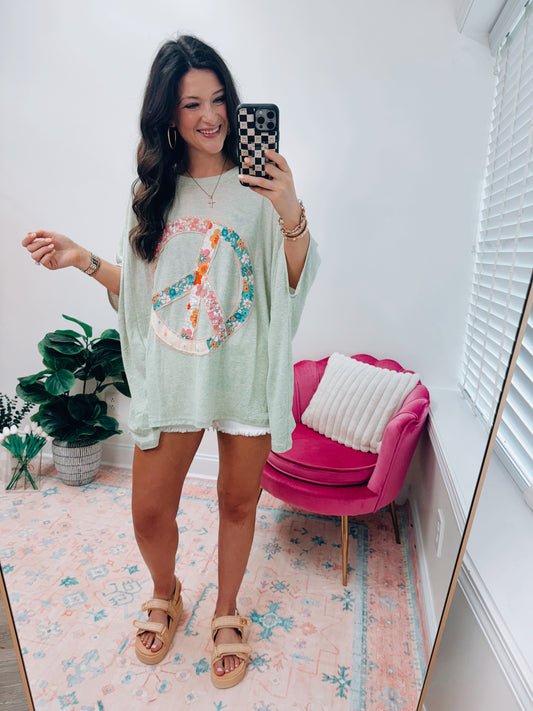 Oversized Dolman Sage Peace Patchwork Top