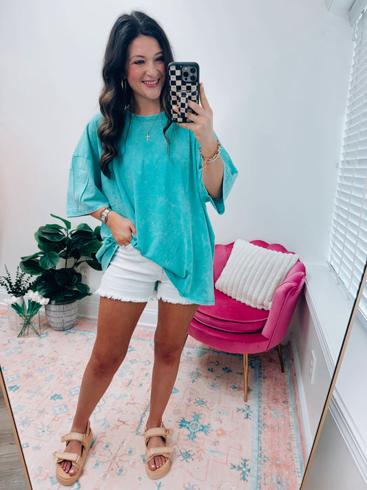 Oversized Mineral Washed Tee - Turquoise