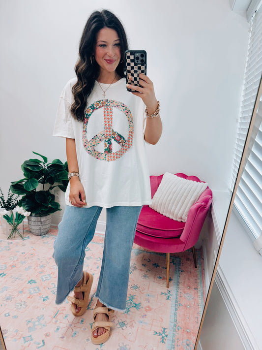 Cream Floral Peace Patchwork Top