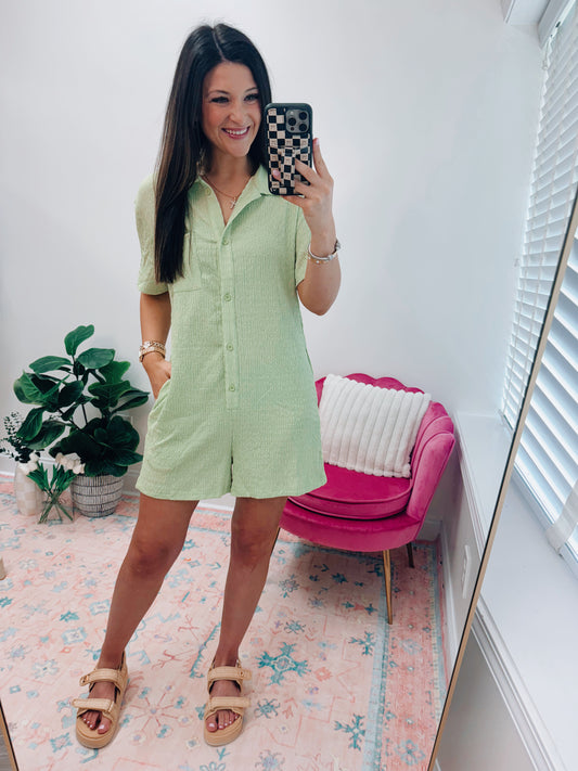 Livie Green Textured Button Romper