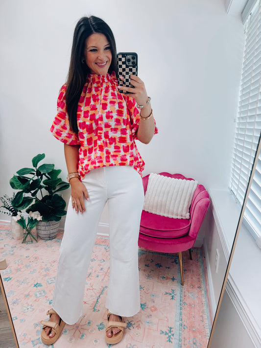Pink Abstract Puff Sleeve Top