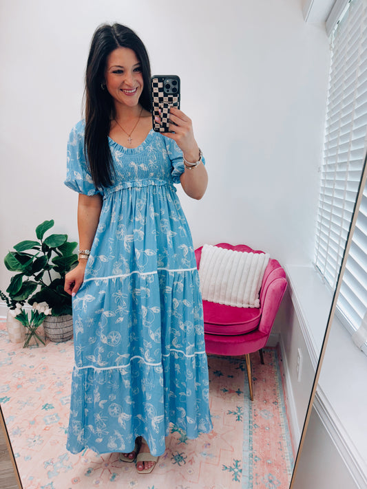Fruit Smocked Tiered Maxi Dress