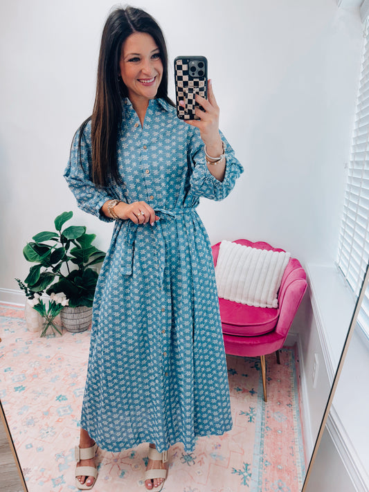 Floral Embroidered Denim Button Down Dress