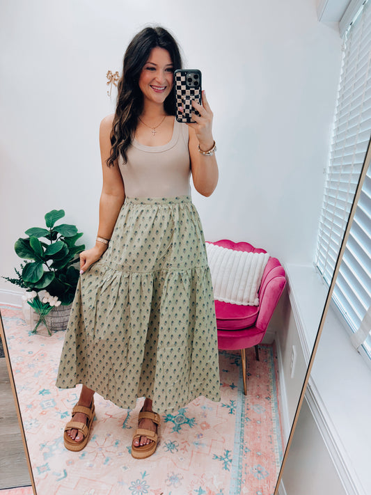 Pistachio Printed Midi Skirt