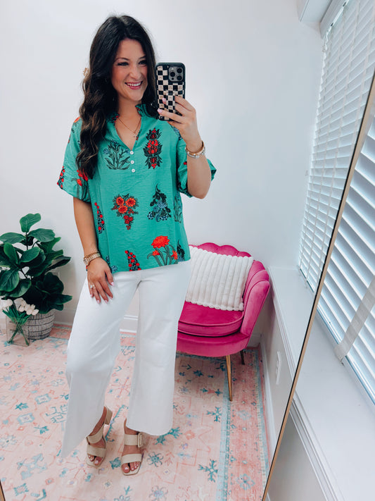 Ava Green Floral Button Top