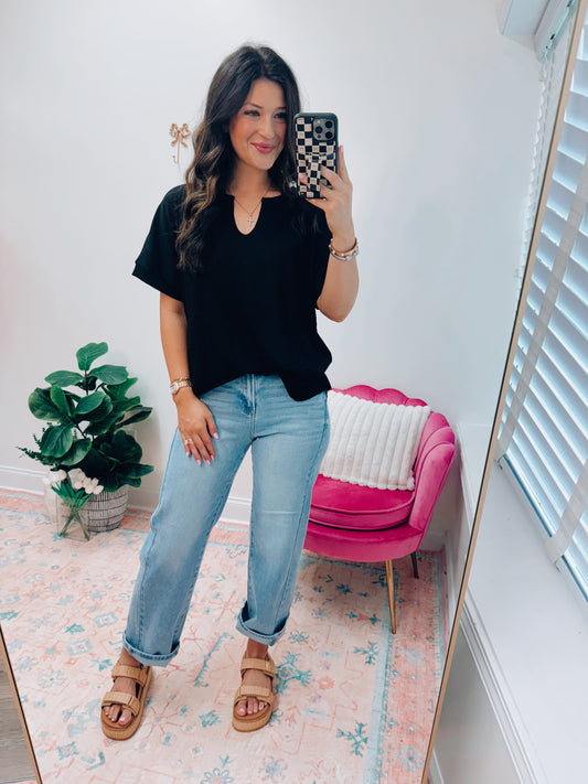 Waffle Knit Basic Black Top