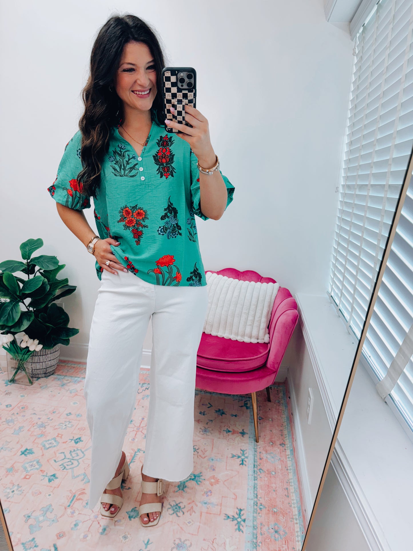 Ava Green Floral Button Top