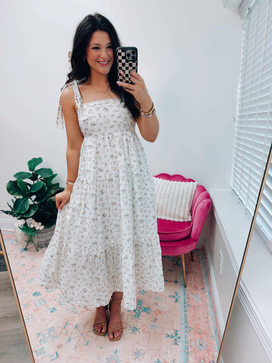 Floral Shoulder Tie Midi Dress