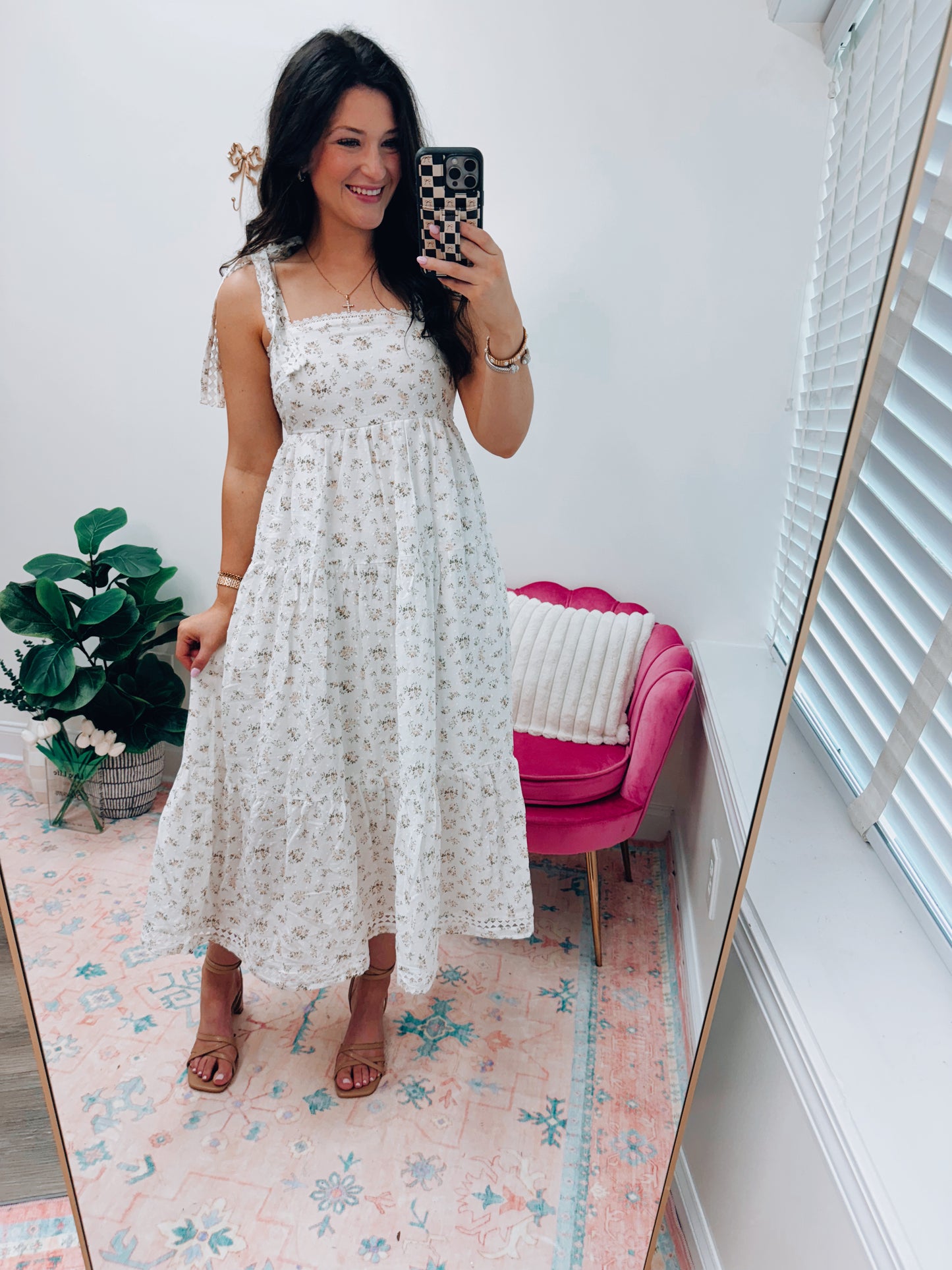 Floral Shoulder Tie Midi Dress