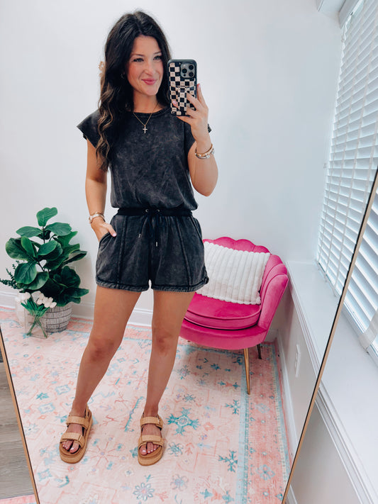 Renley Washed Open Back Romper - Vintage Black