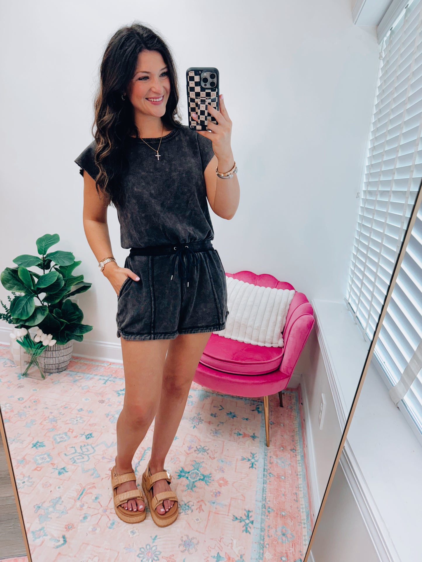 Renley Washed Open Back Romper - Vintage Black