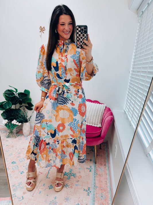 Multi Floral Ruffle Half Button Midi Dress