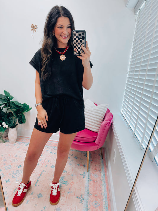 Mineral Wash Black Shorts Set