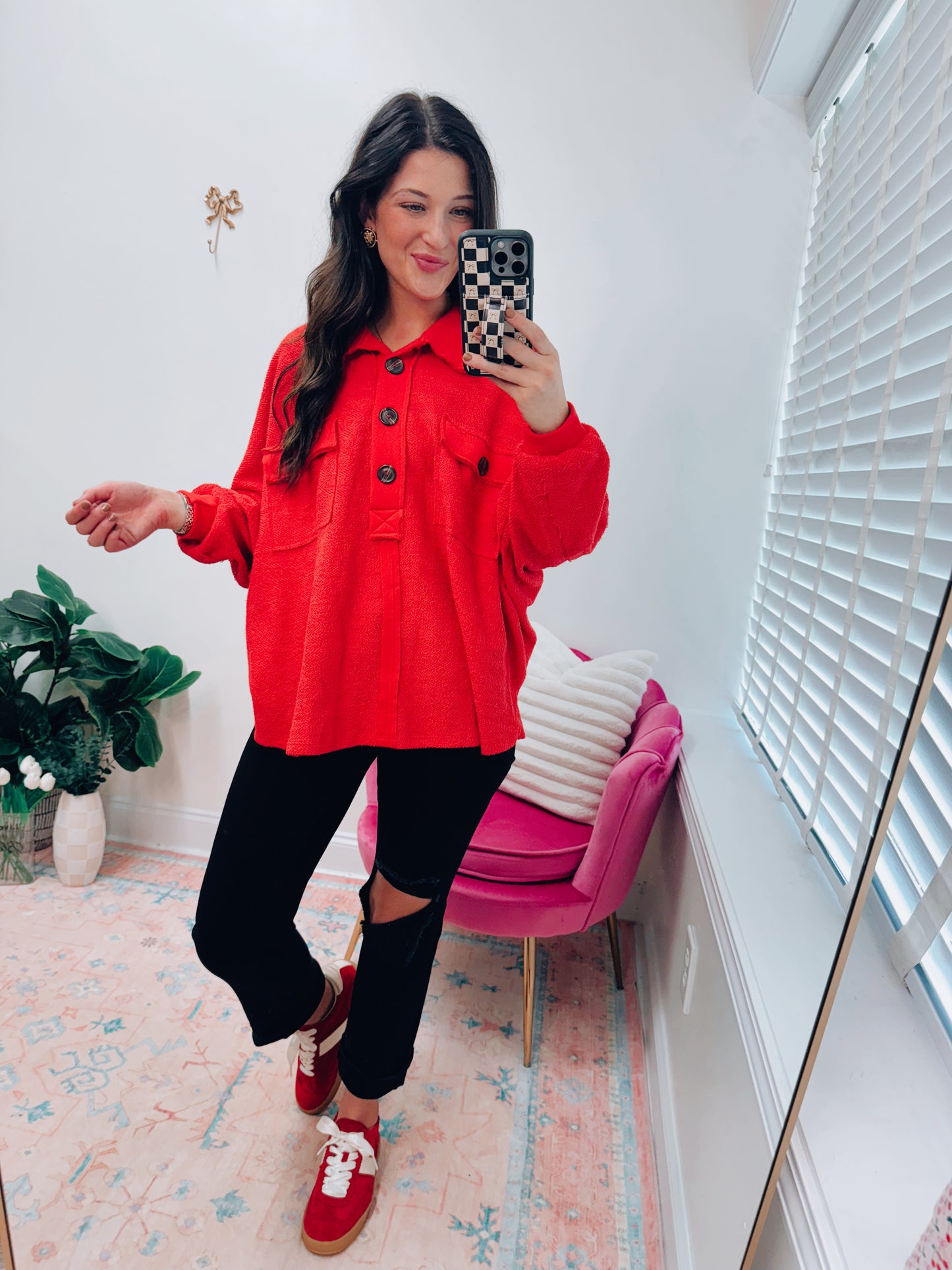 Terry Button Gameday Red Pullover