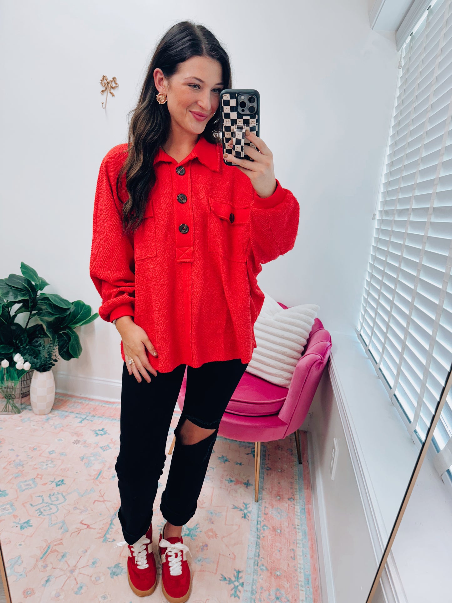 Terry Button Gameday Red Pullover