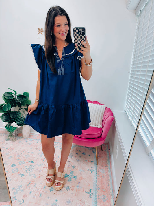 Split NeckPom-Pom Mini Dress