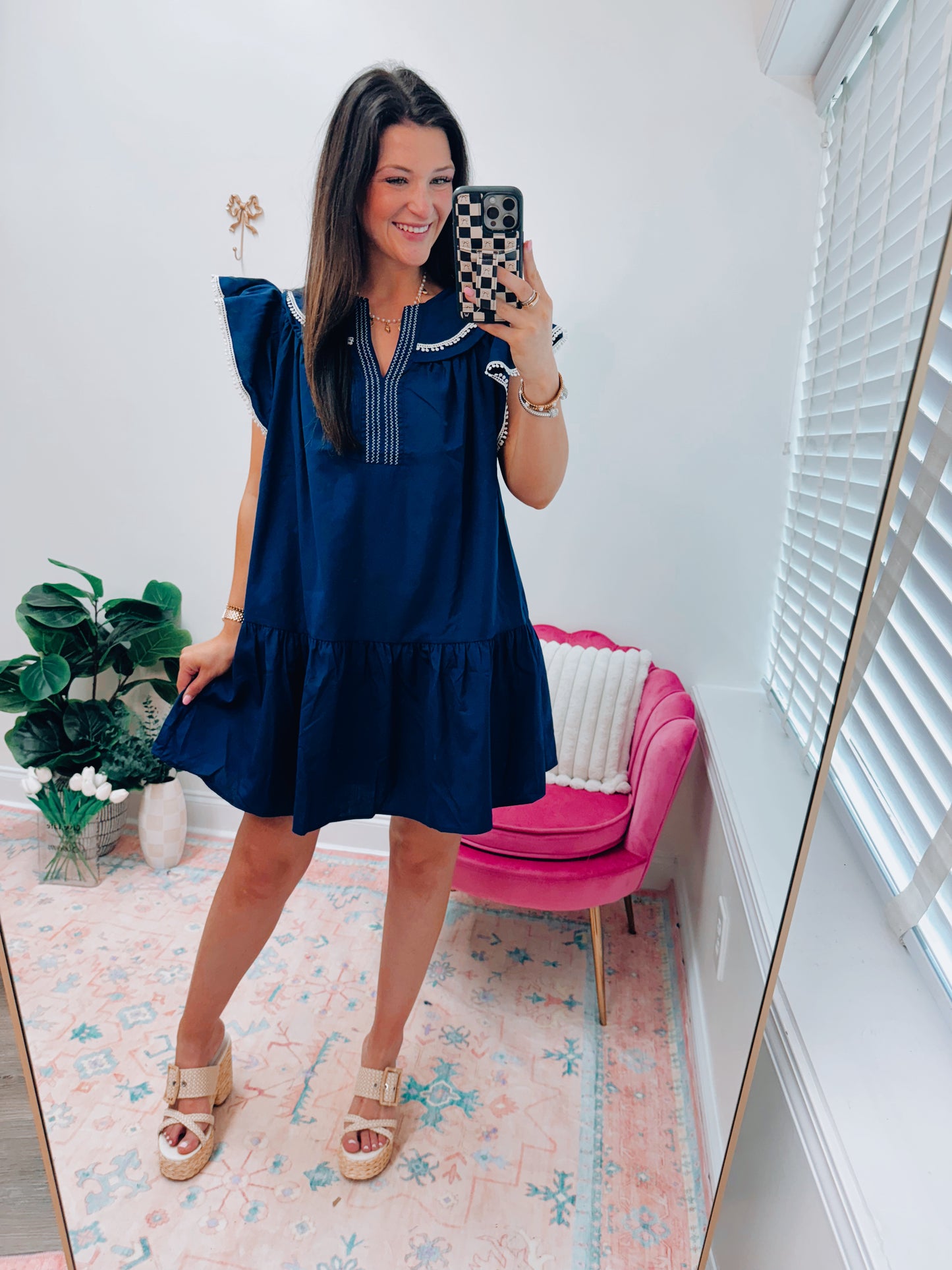 Split NeckPom-Pom Mini Dress