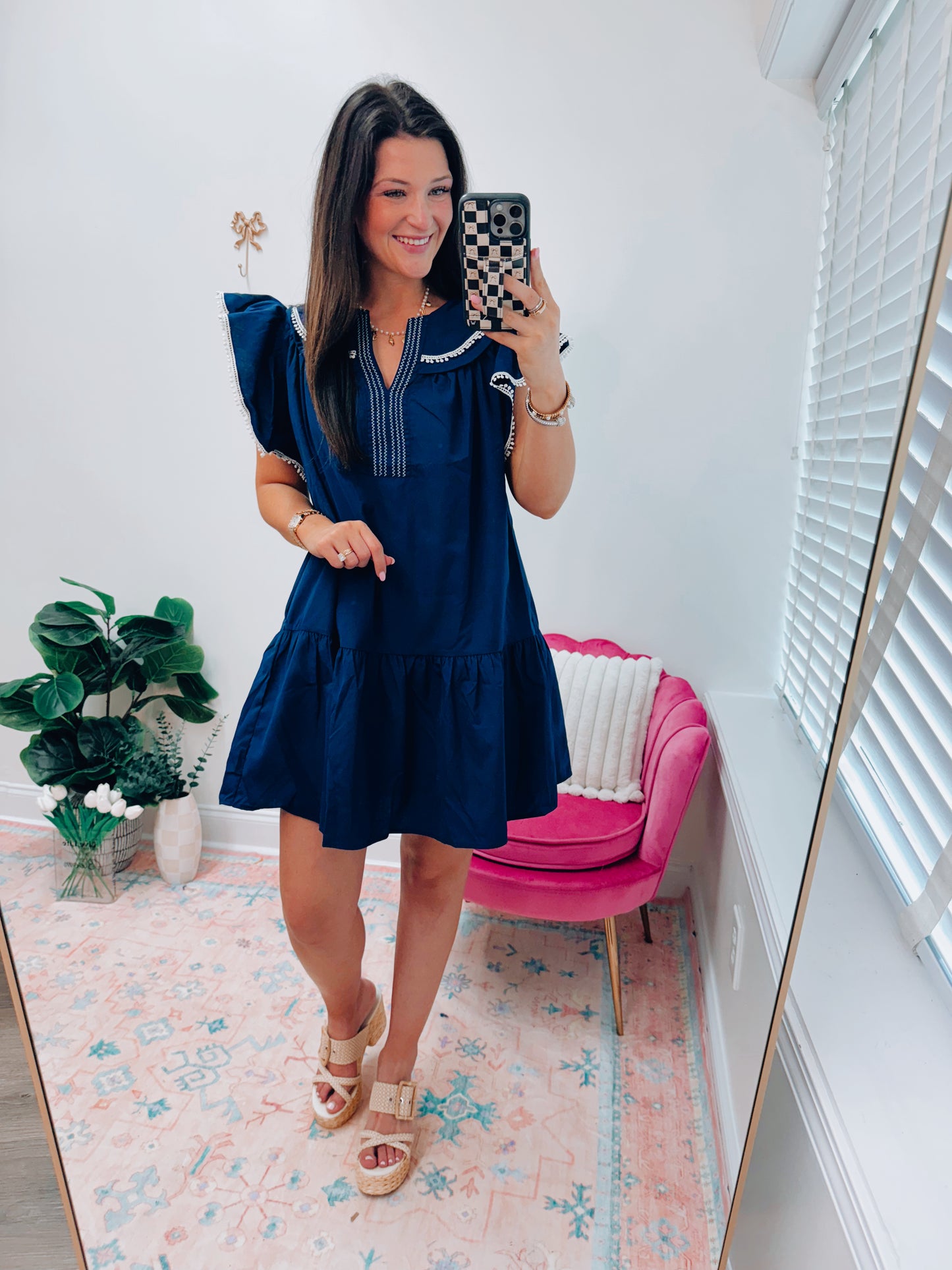 Split NeckPom-Pom Mini Dress