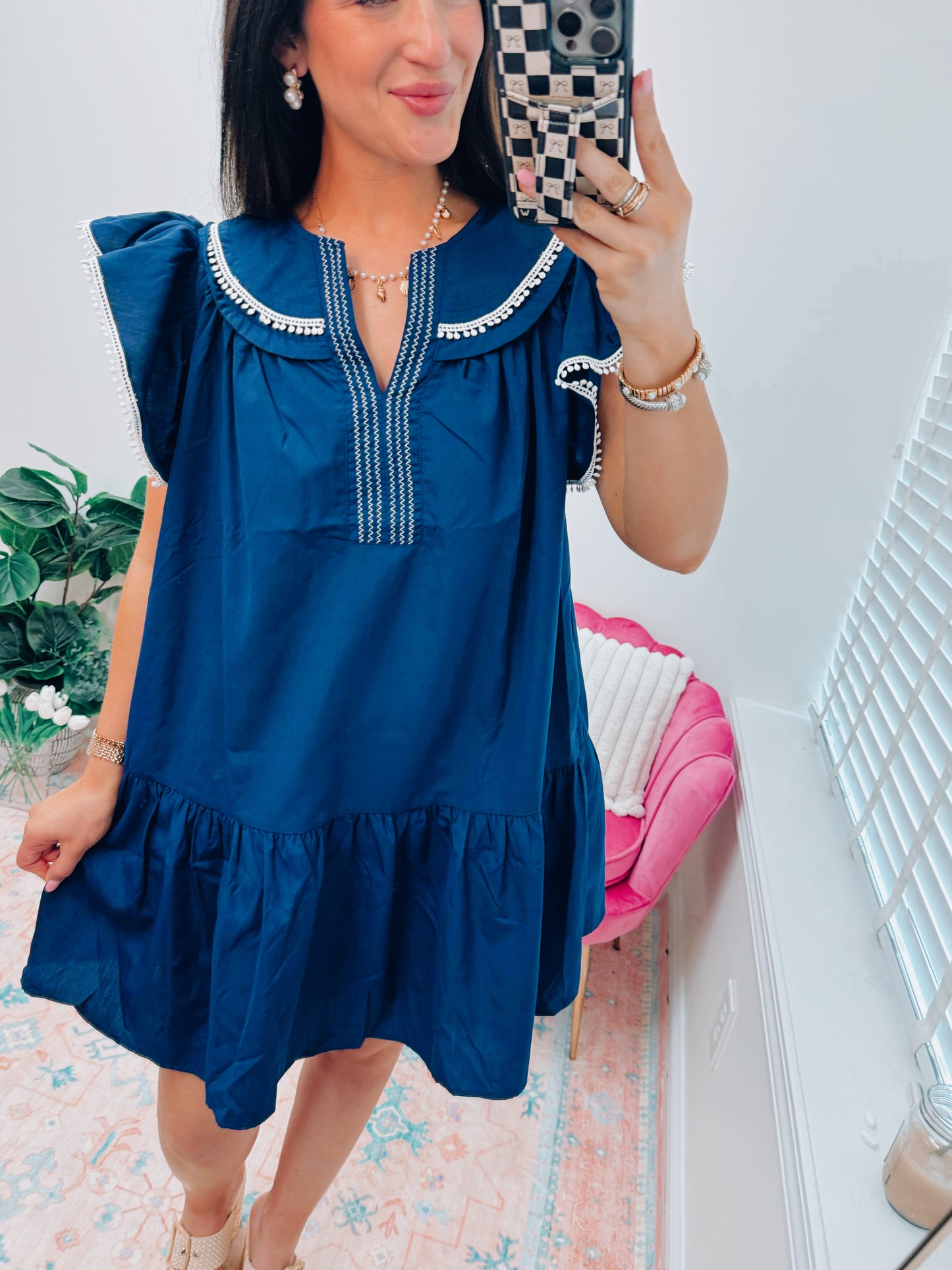 Split NeckPom-Pom Mini Dress