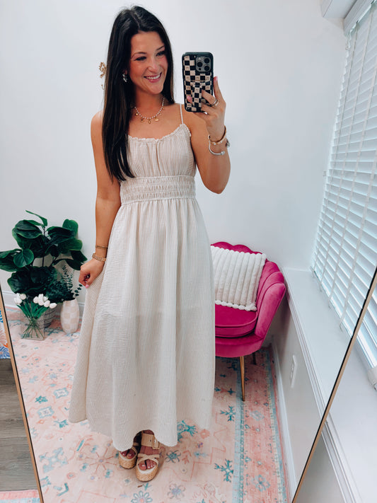 Khaki Lace Trim Striped Linen Maxi Dress