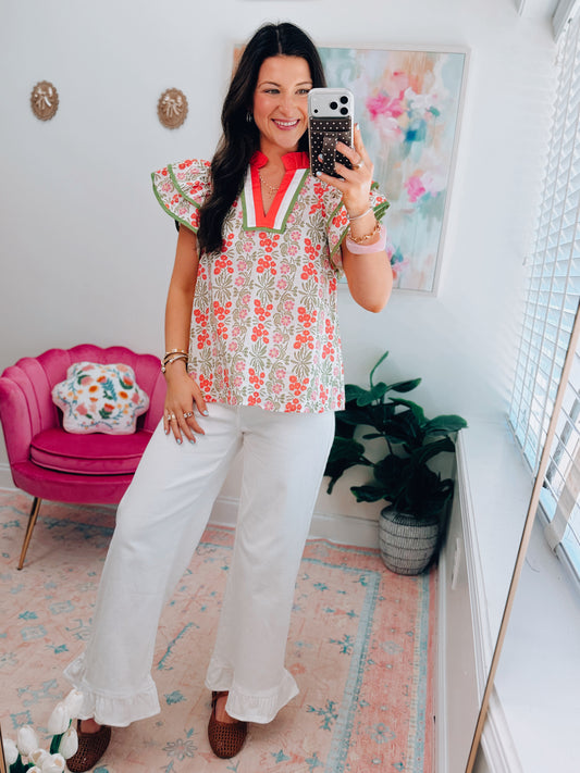 Coral Floral Ruffle Top