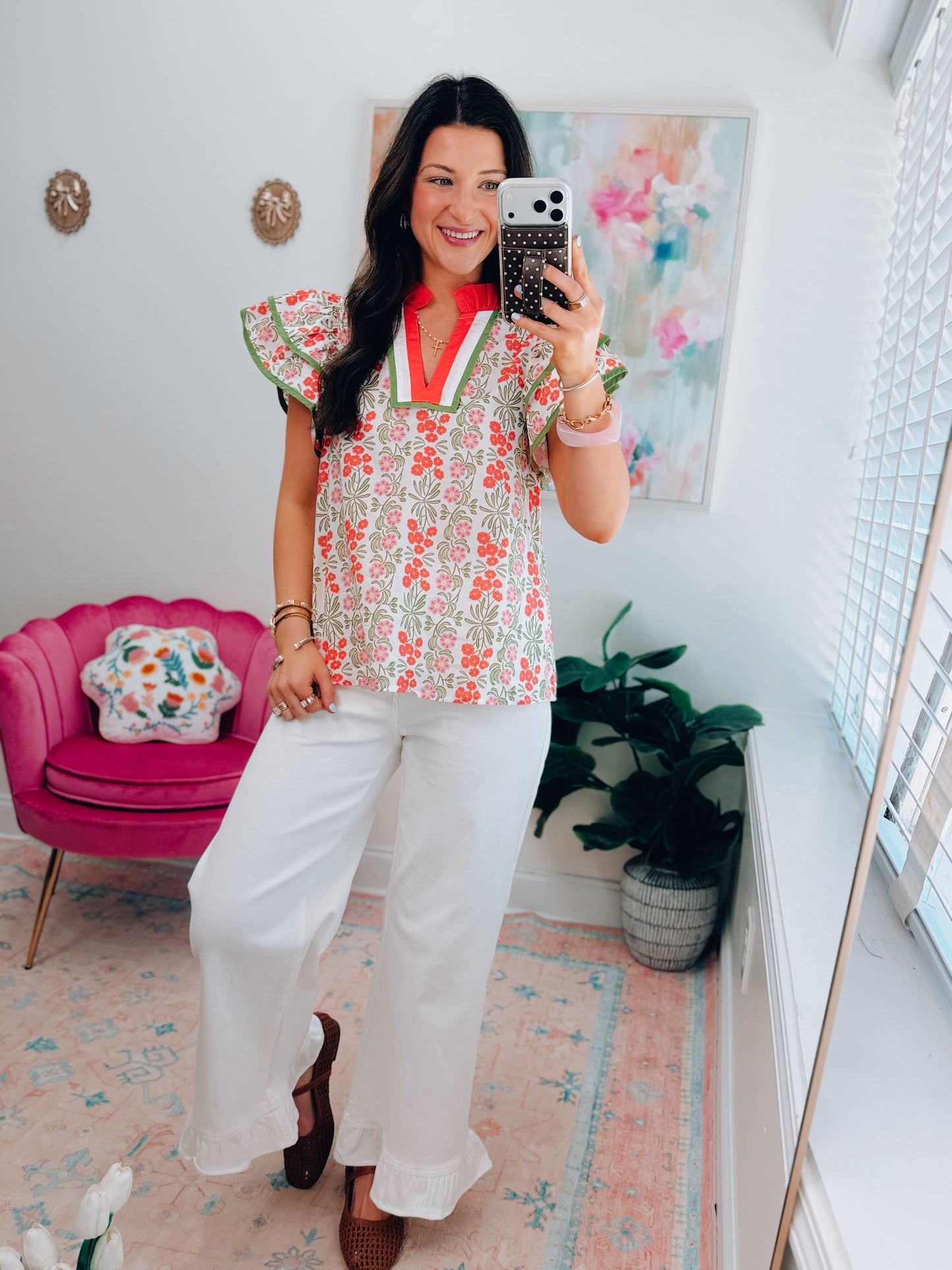 Coral Floral Ruffle Top