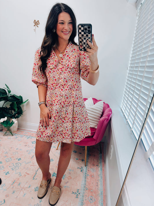 Fall Floral Ruffle Collar Mini Dress