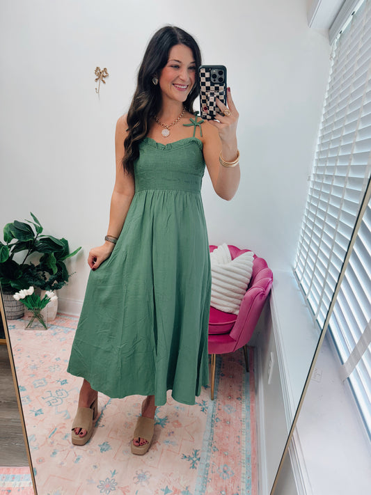 Sweetheart Smocked Bow Strap Midi Dress - Green